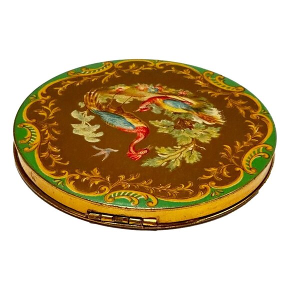 Vogue Vanities Exotic Bird Motiff Brass and Enamel Gold Tone Compact c1940s - Picture 2 of 9